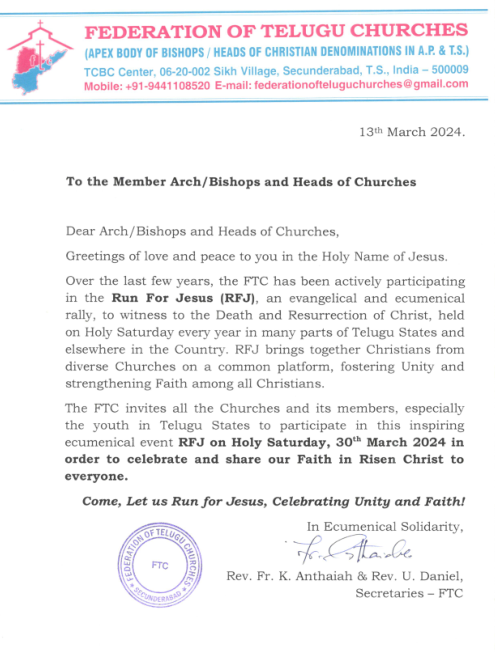 Letter from Federation of Telugu Churches